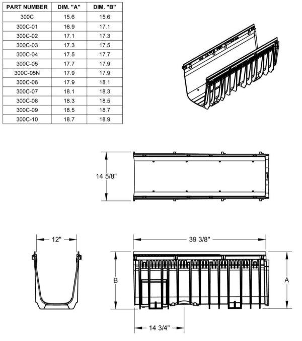 Specifications foe Mes Josam Pro Plus 300 12" Wide Trench Drain