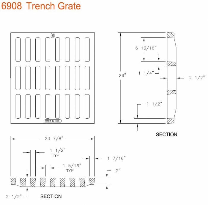 26" Wide Trench Drain Grate 2" Deep