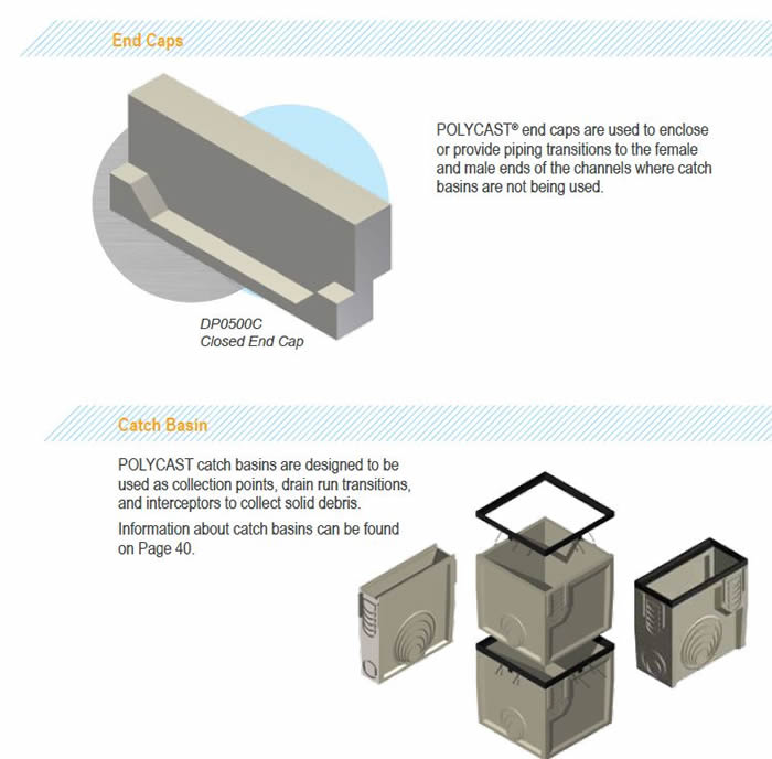 Catch Basins Hold Downs and Endcaps for Polycast 600 Trench Drain System