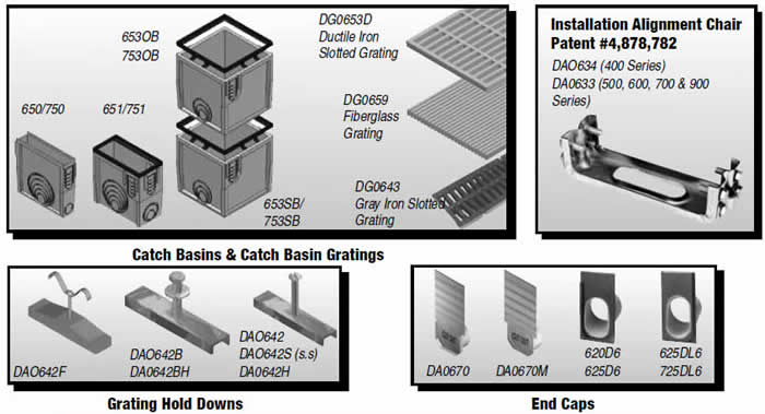 Catch Basins Hold Downs and Endcaps for Polycast 600 Trench Drain System