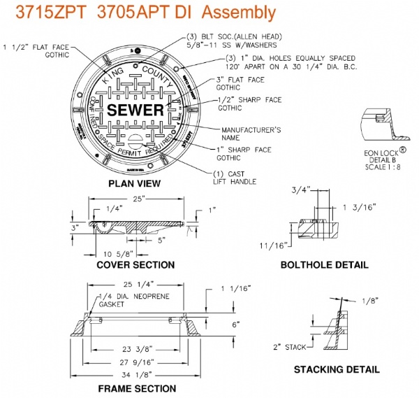 25" Manhole Frame With 3705 King County Lettered Cover
