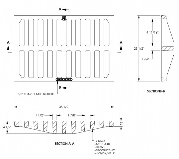 23 1/2" 35-1/2" x 2" Cast Iron Grate Only