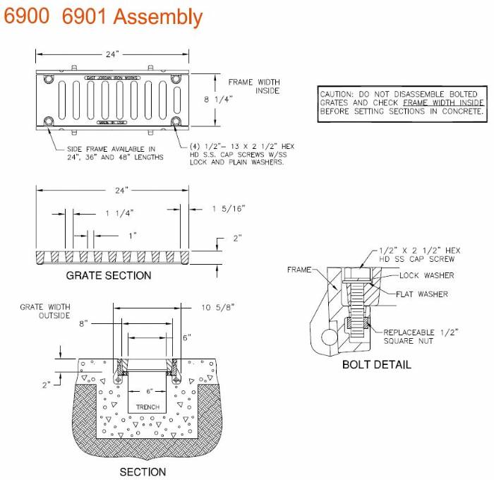 8" Wide Frame and Grate Bolted Assembly 2" Deep