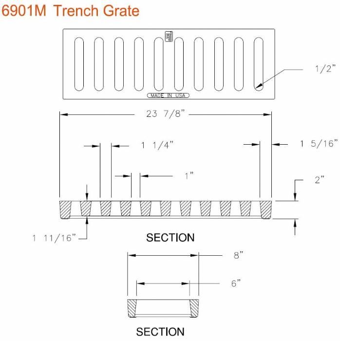 8" Wide Trench Drain Grate 2" Deep