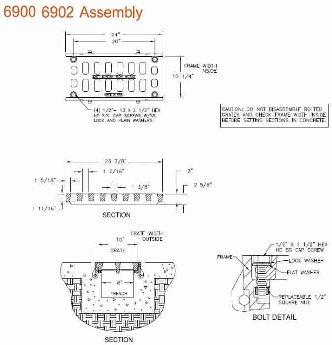 10" Wide Frame and Grate Bolted Assembly 2" Deep