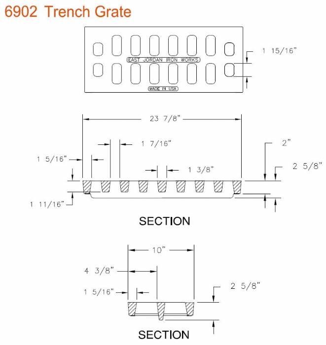 10" Wide Trench Drain Grate 2" Deep Ductile Iron