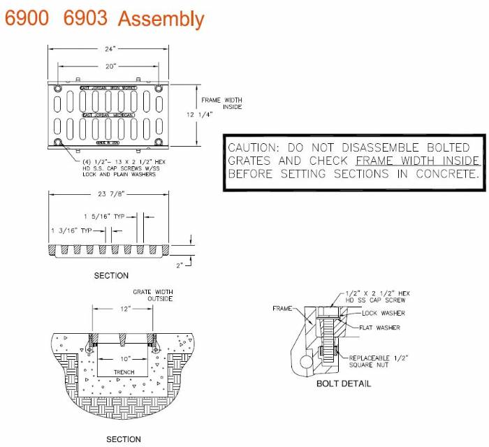 12" Wide Frame and Grate Bolted Assembly 2" Deep