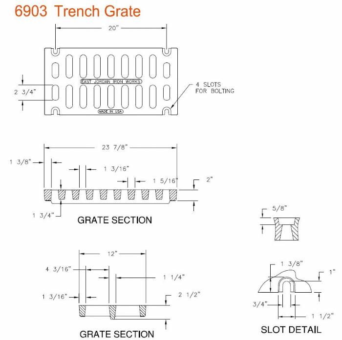 12" Wide Trench Drain Grate Slotted for Bolts