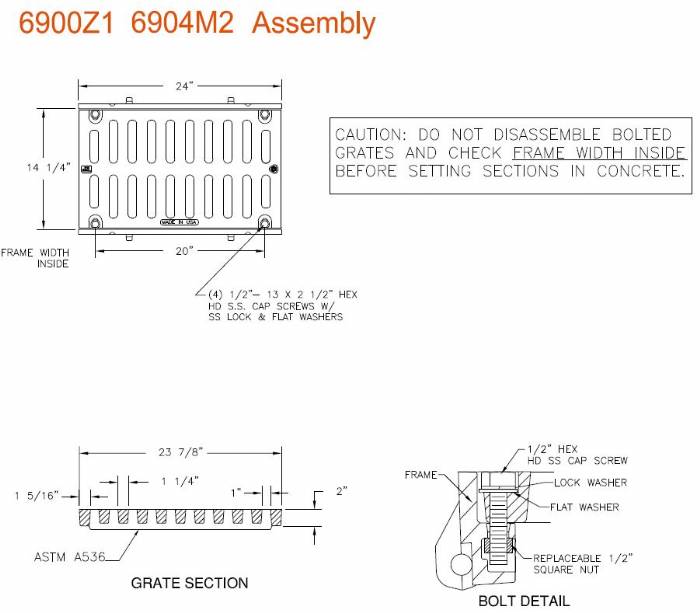 14" Wide Airport Rated Frame and Grate Bolted Assembly 2" Deep