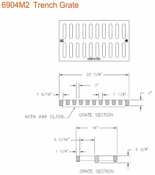 14" Wide Trench Drain Grate 2" Deep