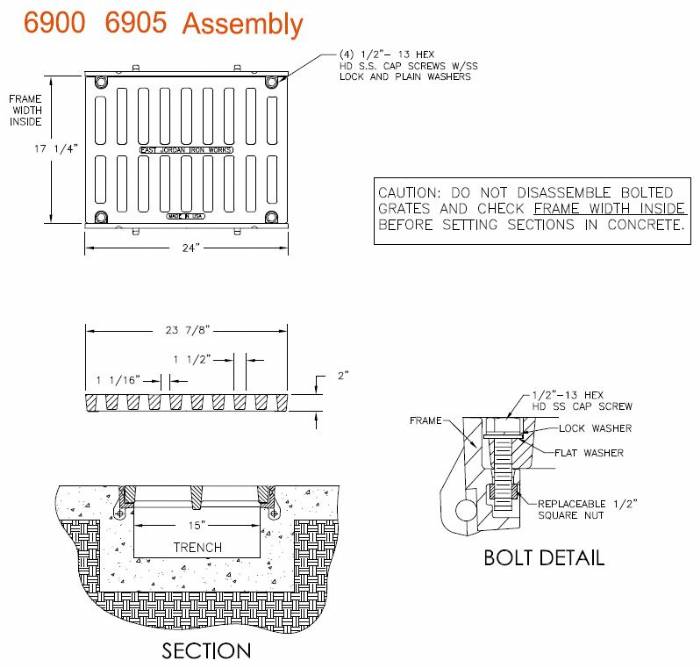 17" Wide Frame and Grate Bolted Assembly 2" Deep