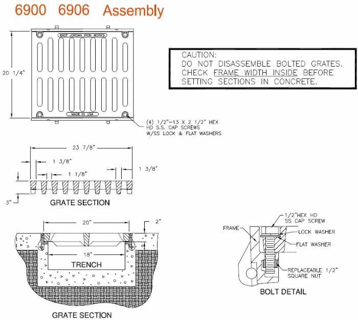 20" Wide Frame and Grate Bolted Assembly 2" Deep