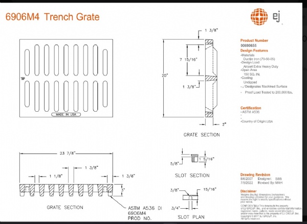20" x 24" Ductile Iron Trench Grate, Extra Heavy Duty Airport