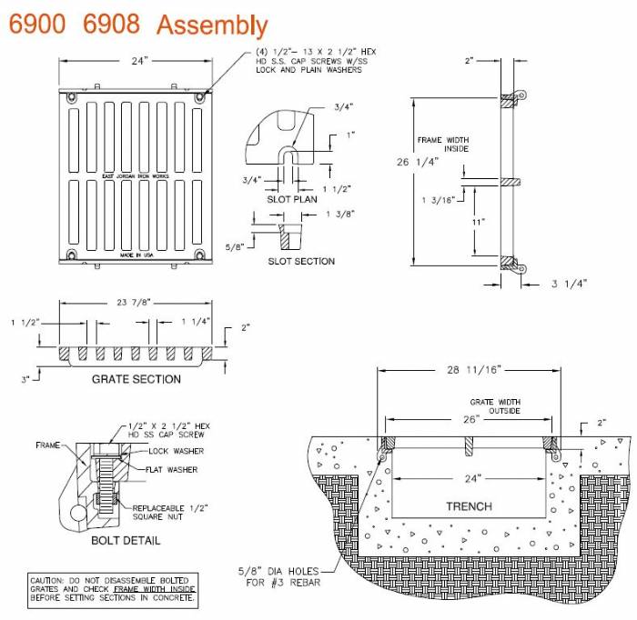 26" Wide Frame and Grate Bolted Assembly 2" Deep