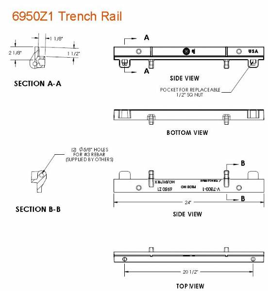 24" Long Trench Rail for Bolting 1.5" Seat Thickness