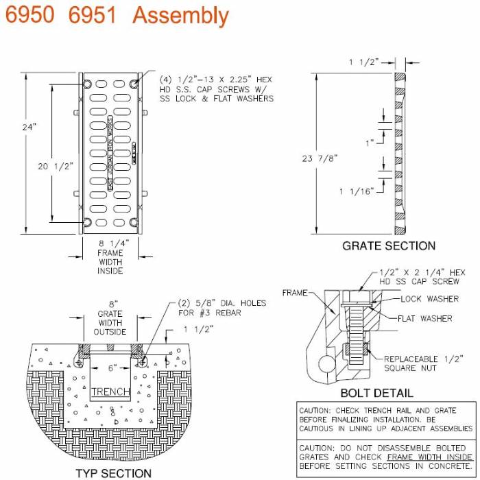 8" Wide Frame and Grate Bolted Assembly 1 1/2" Deep