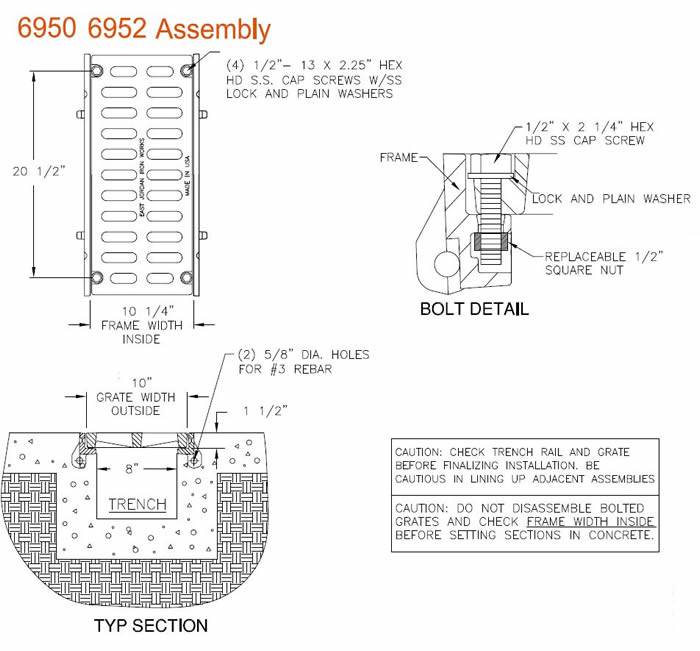 10" Wide Frame and Grate Bolted Assembly 1 1/2" Deep