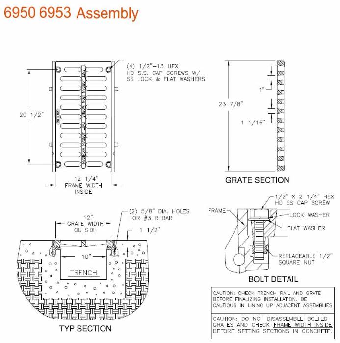 12" Wide Frame and Grate Bolted Assembly 1 1/2" Deep