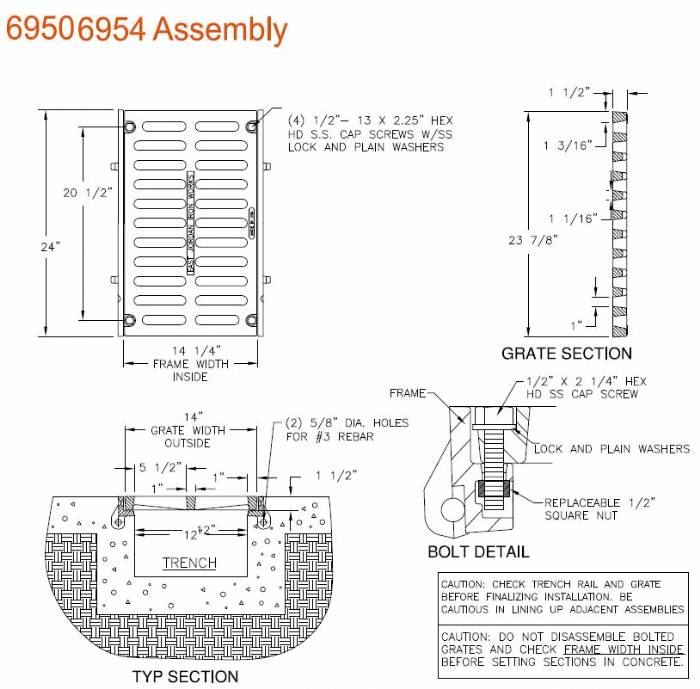 14" Wide Frame and Grate Bolted Assembly 1 1/2" Deep