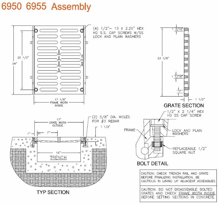 17" Wide Frame and Grate Bolted Assembly 1 1/2" Deep