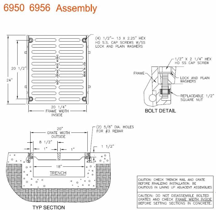 20" Wide Frame and Grate Bolted Assembly 1 1/2" Deep