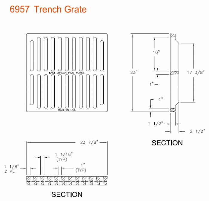 23" Wide Trench Drain Grate 1 1/2" Deep