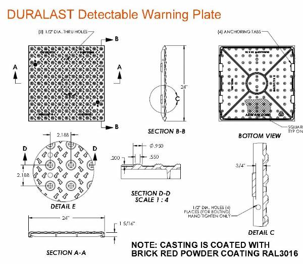 24" x 24" Detectable Warning Plate Powder Coated Brick Red