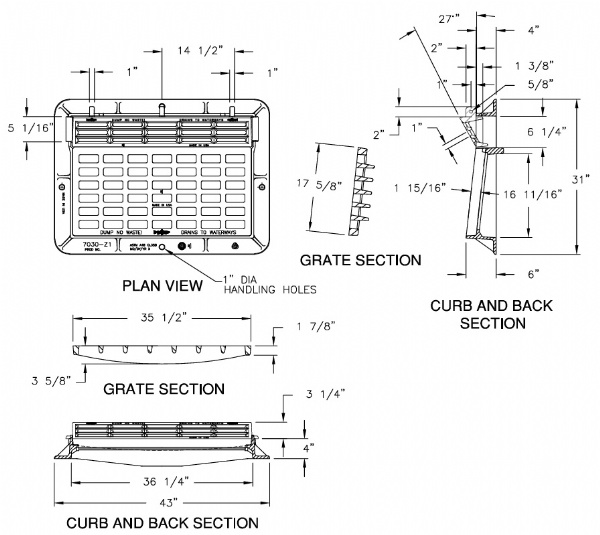 37" Catch Basin Inlet w/ M2 Grate T7 Mountable Roll Curb Hood