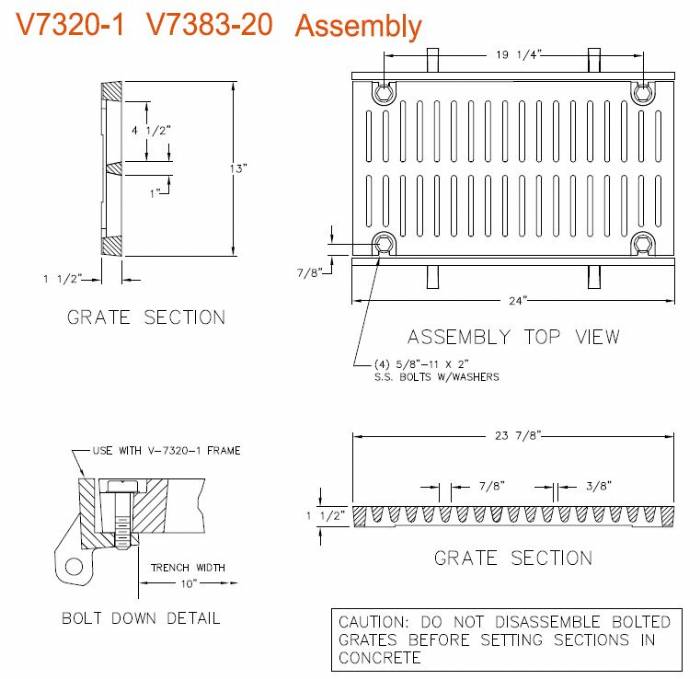 12" Wide ADA Compliant Grate and Frame Bolted Assy