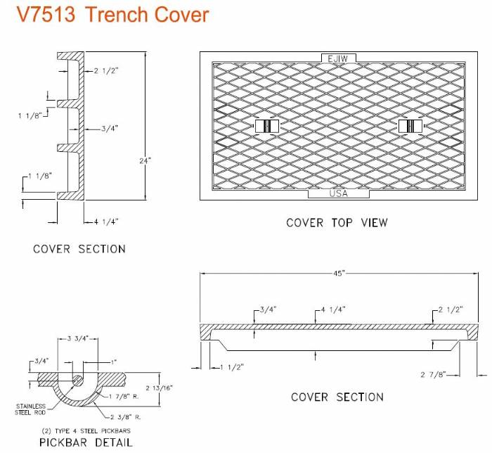 45" Wide Solid Trench Drain Cover 2 1/2" Deep